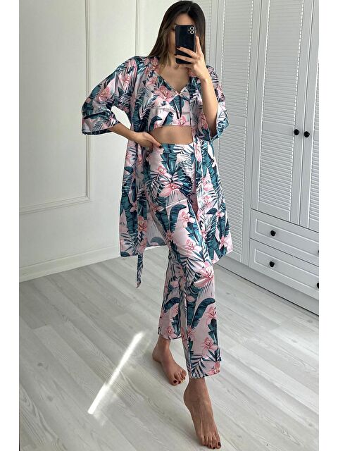 C&City 045 Kadın Desenli 3 Lü Saten Pijama Takım Ekru/Yeşil - S000233864-5409