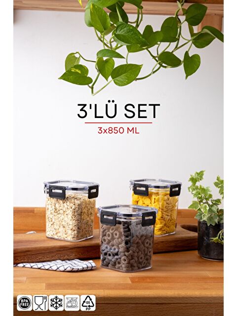 Nandy Home 3 Lü Set Kilit Kapaklı Kare Clear Saklama Kabı Seti   850ML - S000276598-20063