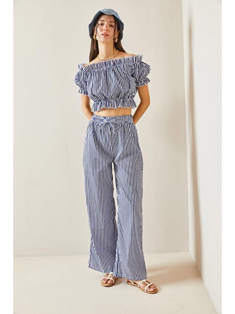 Xhan Lacivert Beli Lastikli Çizgili Crop Takım 5YXK8-48834-14 - S000237637-21164