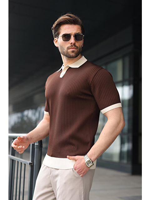 Madmext Kahverengi Polo Yaka Triko Erkek Tişört E7471 - S000515192-19413