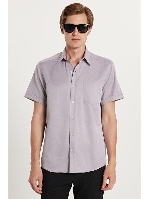 TUDORS Erkek Regular Fit Klasik Kesim Kısa Kollu Pamuklu Tek Cepli Armürlü Gri Gömlek - S000520047-20600