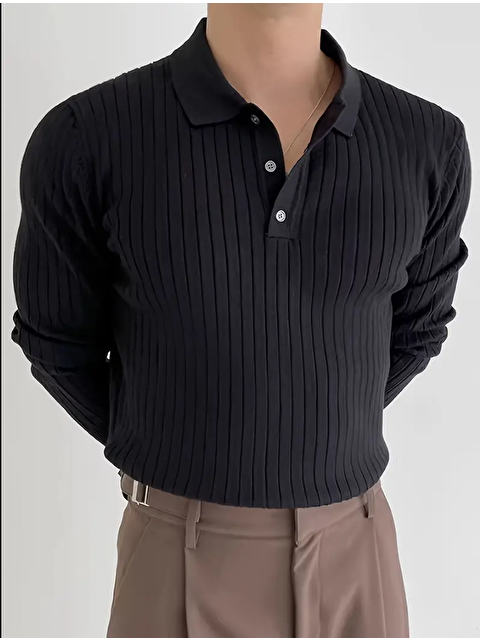 Tarz Cool Erkek Siyah Düğmeli Polo Yaka Triko Kazak - S000289018-19351