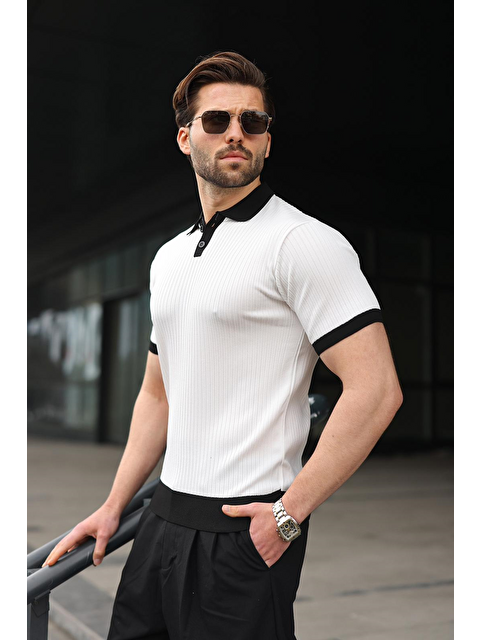 Madmext Beyaz Polo Yaka Triko Erkek Tişört E7471 - S000515192-20063