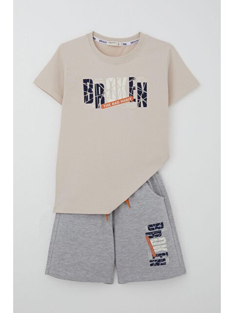 Breeze Erkek Çocuk Şortlu Takım Yazı Baskılı Bağcık Aksesuarlı Bej (8-14 Yaş) - S000434013-19928