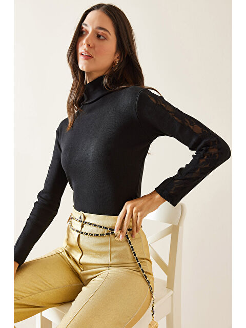 Xhan Siyah Kolları Tül Detaylı Balıkçı Yaka Bluz 5KXK2-49019-02 - S000293929-19351