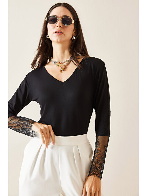 Xhan Siyah Kolu Dantel Detaylı Bluz 5KXK2-49020-02 - S000293964-19351