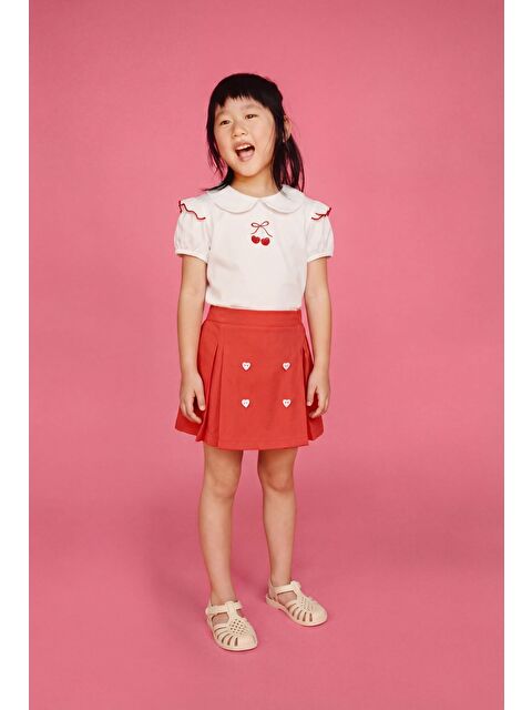 Magu Kız Çocuk Pamuklu Ekru Kiraz Nakışlı Bluz Etek Takım