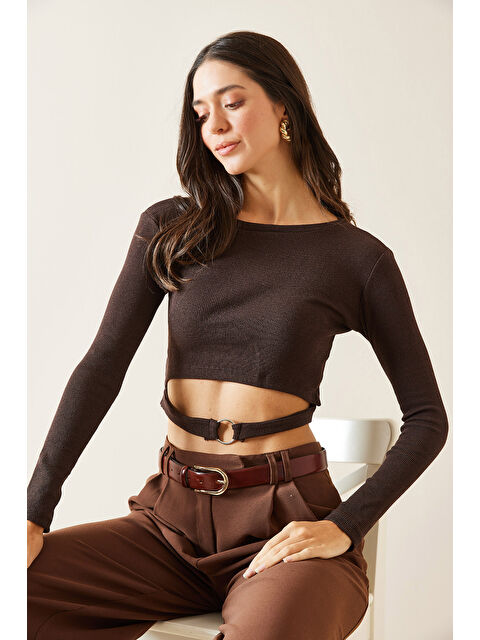 Xhan Kahverengi Halka Detaylı Kaşkorse Crop Bluz 5KXK2-49014-18 - S000293939-19413