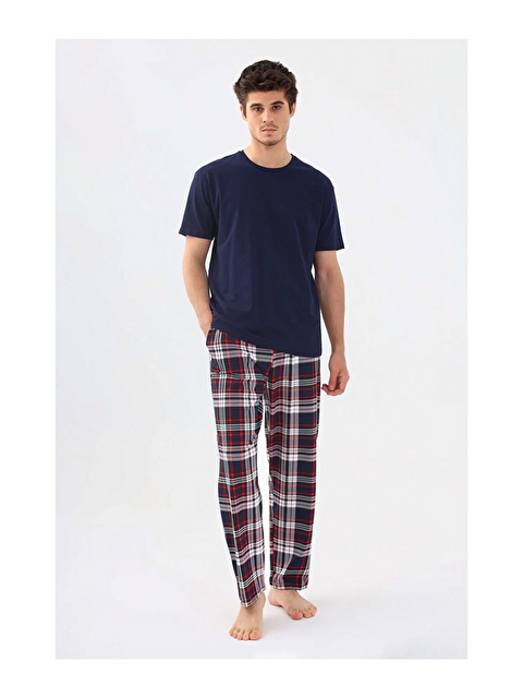 justmore Erkek Basic Kısa Kollu Lacivert Uzun Alt Ekoseli Pijama Takımı