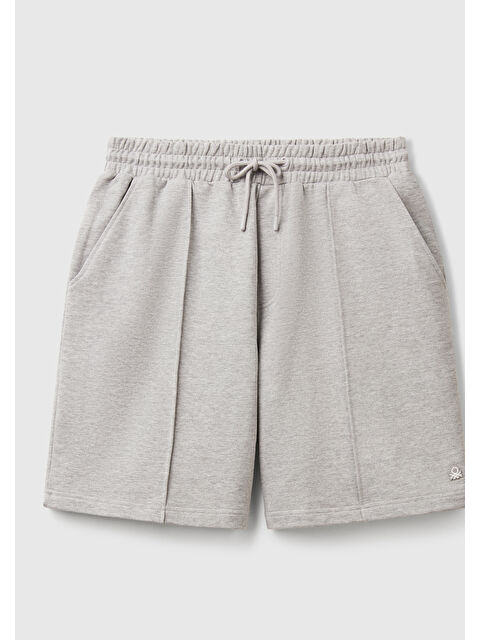 United Colors Of Benetton Erkek Gri Melanj %100 Pamuk Logo Detaylı Beli Büzgü İpli Bermuda Şort - S000518638-20600