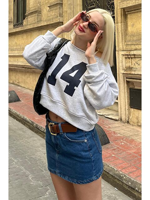 Madmext Karmelanj Kayık Yaka Baskılı Kadın Sweatshirt Mg2205 - S000287936-2090