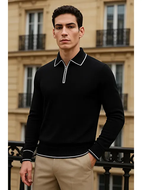 Comstar Erkek Trend Fermuarlı Siyah Uzun Kollu Polo Yaka Tişört