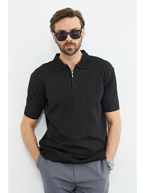 Fullamoda Fitilli Polo Yaka Yarım Fermuarlı Triko Tişört