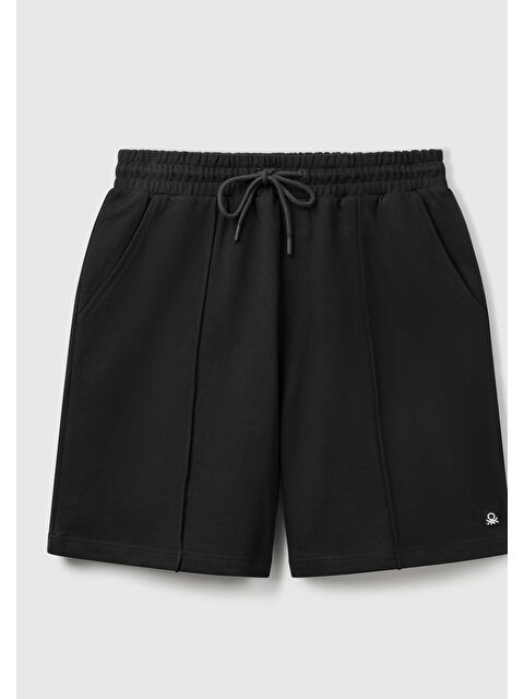 United Colors Of Benetton Erkek Siyah %100 Pamuk Logo Detaylı Beli Büzgü İpli Bermuda Şort - S000518638-19351