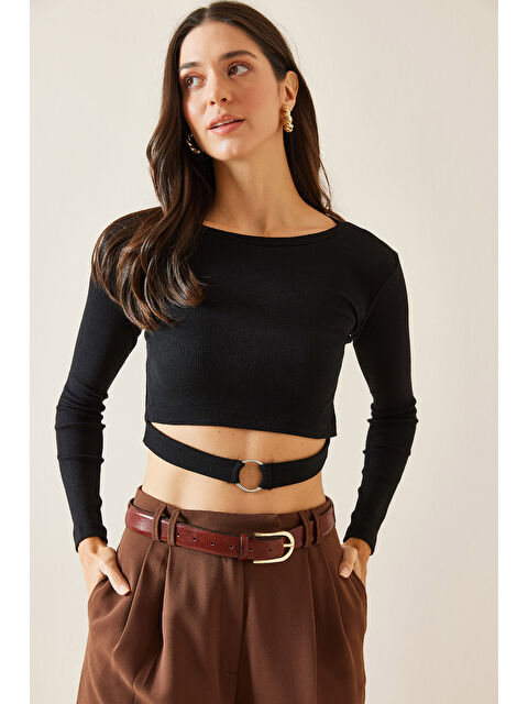 Xhan Siyah Halka Detaylı Kaşkorse Crop Bluz 5KXK2-49014-02 - S000293939-19351