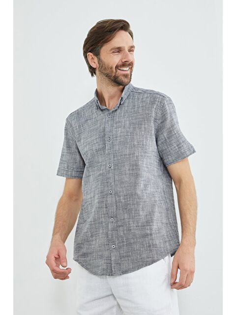 Fullamoda Flamlı Düğmeli Keten Görünümlü Gömlek