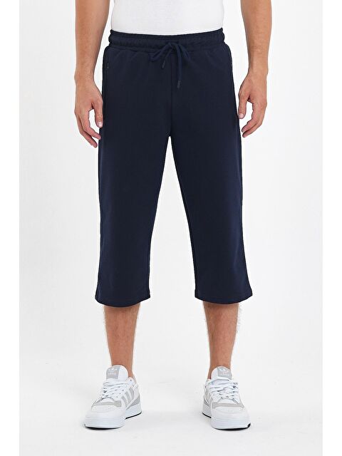 Mmetalic Erkek Cepleri Fermuarlı Lacivert Bermuda Diz Altı Kapri Beli Ayarlanabilir Lastikli Uzun Şort - S000230752-21164