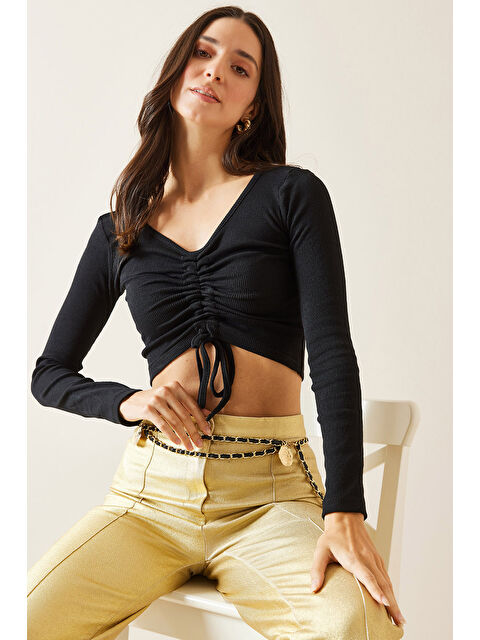 Xhan Siyah Önü Büzgülü Crop Bluz 5KXK2-49001-02 - S000293940-19351