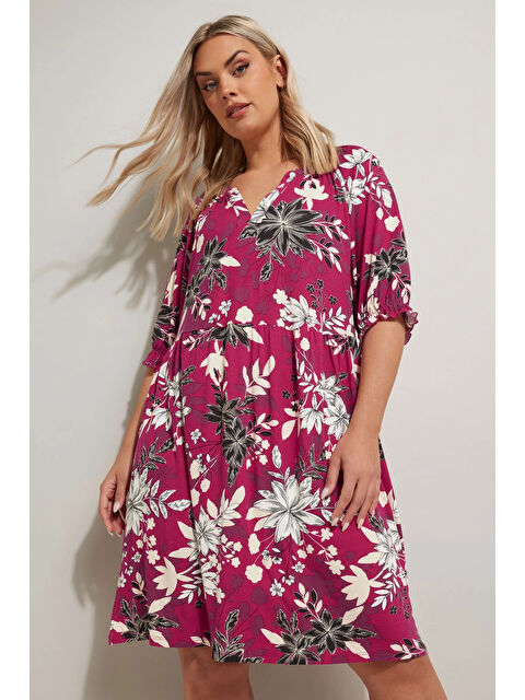 Stil Diva Büyük Beden V Yaka Kısa Kollu Çiçek Desenli Mini Elbise 304079 - S000377656-20024