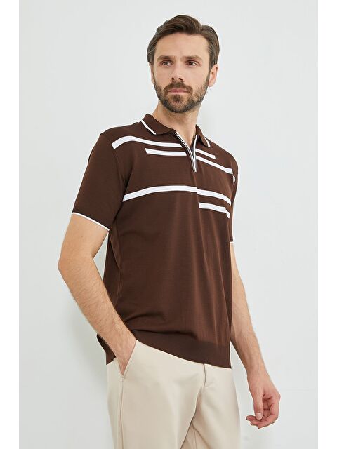 Fullamoda Çizgili Yarım Fermuarlı Polo Yaka Triko Tişört