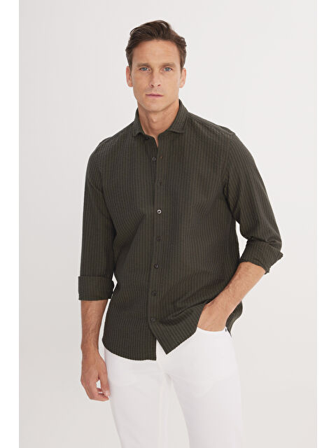 Altınyıldız Classics Erkek Haki Slim Fit Dar Kesim İtalyan Yaka %100 Pamuk Gofre Gömlek - S000403244-18547