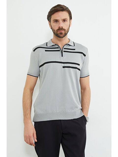 Fullamoda Çizgili Yarım Fermuarlı Polo Yaka Triko Tişört