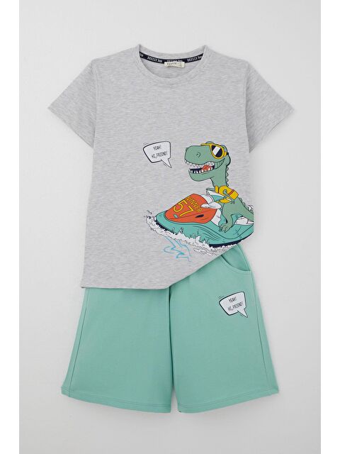 Breeze Erkek Çocuk Şortlu Takım Jetski Tutkunu Havalı Dinozor Baskılı Açık Gri Melanj (5-9 Yaş) - S000434018-17308