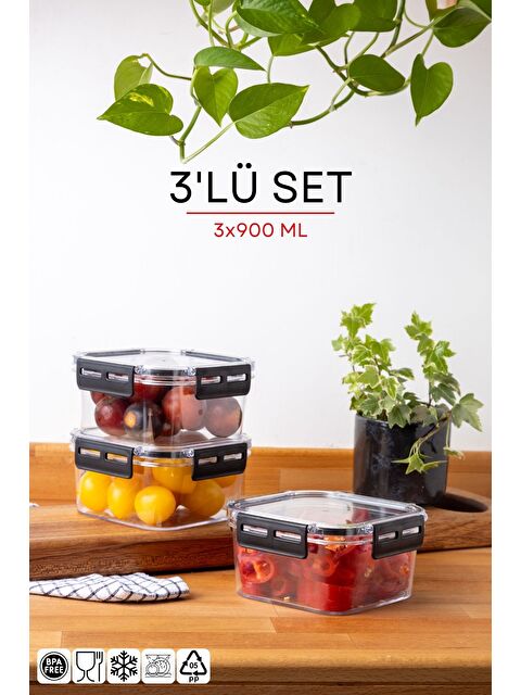 Nandy Home 3 Lü Set Kilit Kapaklı Kare Clear Saklama Kabı Seti   900ML - S000276601-20063