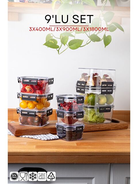 Nandy Home 9 Lu Set Kilit Kapaklı Kare Clear Saklama Kabı Seti   400 900 1800ML - S000276605-20063