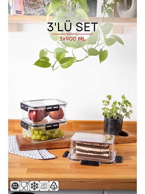 Nandy Home 3 Lü Set Kilit Kapaklı Dikdörtgen Clear Saklama Kabı Seti   900ML - S000276606-20063