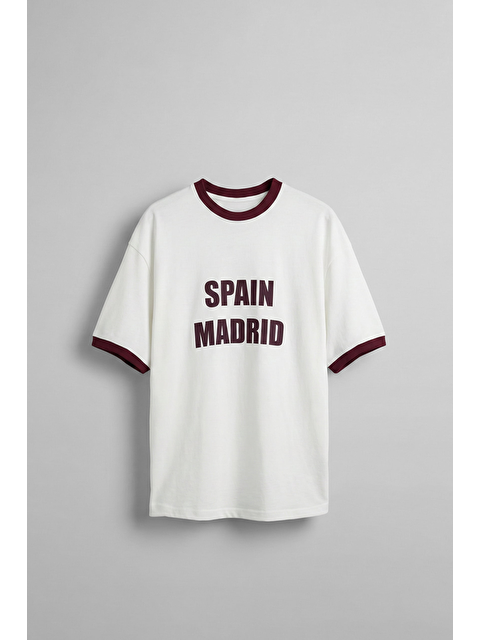 Abluka Online Erkek Oversize Şehir Serisi Kontrast Yaka T-Shirt Ekru / Mürdüm - S000512662-37576