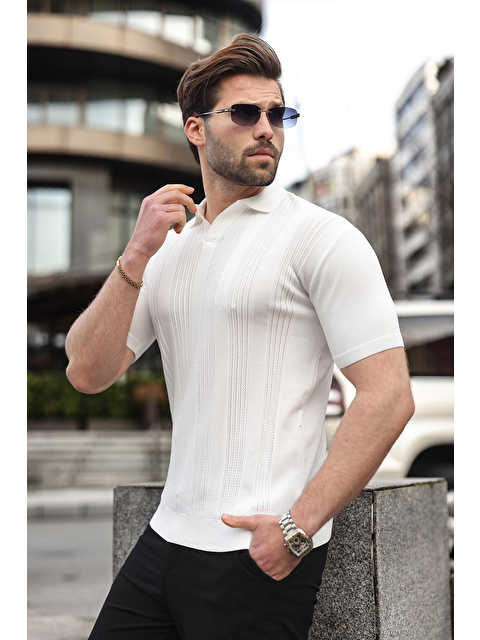 Madmext Beyaz Polo Yaka Triko Erkek Tişört E7469 - S000515193-20063