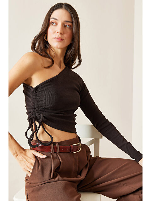 Xhan Kahverengi Tek Omuz Yanı Büzgülü Kaşkorse Bluz 5YXK2-48296-18 - S000161976-19413