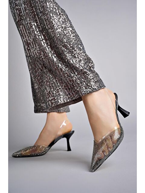 Muggo JULİET Kadın Sivri Burun Parlak Taşlı Arkası Açık Şeffaf Bantlı Topuklu Ayakkabı - S000152803-19351