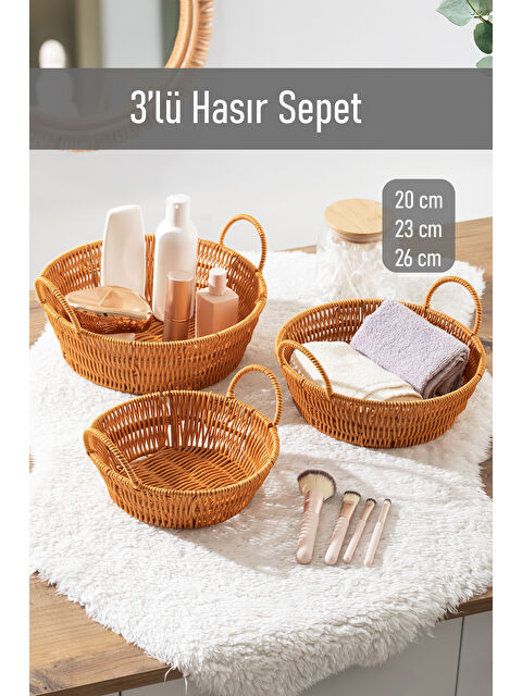 Porsima 304-D Yuvarlak 3'lü Hasır Sepet Dekoratif Ev Düzenleyici Hasır Sepet Seti Banyo Düzenleyici Sepet - S000347785-19413