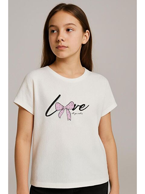 Breeze Kız Çocuk Tişört Sevgi Temalı Yazı Baskılı Simli Ekru (9-14 Yaş) - S000505640-19965