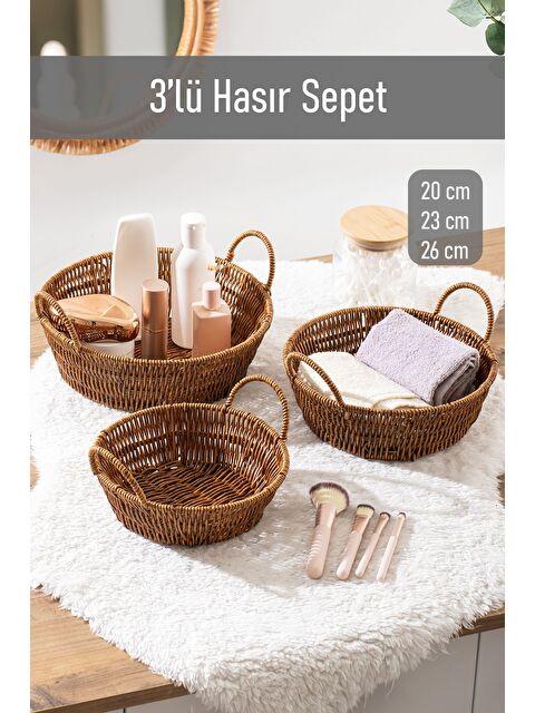 Porsima 304-C Yuvarlak 3'lü Hasır Sepet Dekoratif Ev Düzenleyici Hasır Sepet Seti Banyo Düzenleyici Sepet - S000347803-19413