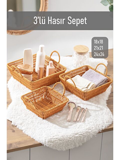 Porsima 303-D Kare 3'lü Hasır Sepet Dekoratif - S000347768-19413