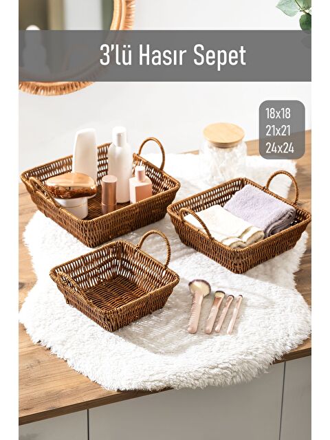 Porsima 303-C Kare 3'lü Hasır Sepet Dekoratif Ev Düzenleyici Hasır Sepet Seti Banyo Düzenleyici Sepet - S000347786-19413