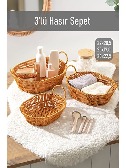 Porsima 302-D Oval 3'lü Hasır Sepet Dekoratif - S000347795-19413