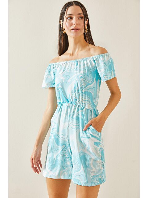 Xhan Turkuaz Kayık Yaka Batik Desenli Tulum 5YXK6-48845-13 - S000237646-20055