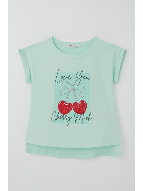 Breeze Kız Çocuk Tişört Sevgi Temalı Kalp Fiyonk Baskılı Su Yeşili (10-16 Yaş) - S000505641-20054