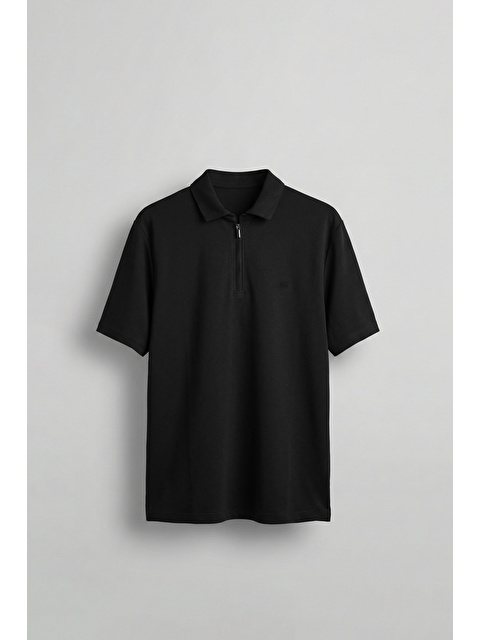 Abluka Online Erkek Slim Fit Yarım Fermuarlı Basic Polo Yaka T-Shirt Siyah - S000515194-19351