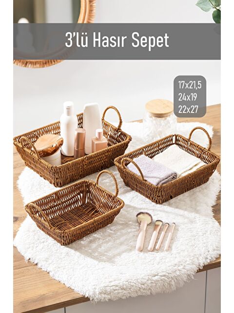 Porsima 301-C Dikdörtgen 3'lü Hasır Sepet Dekoratif Ev Düzenleyici Hasır Sepet Seti Banyo Düzenleyici Sepet - S000347796-19413