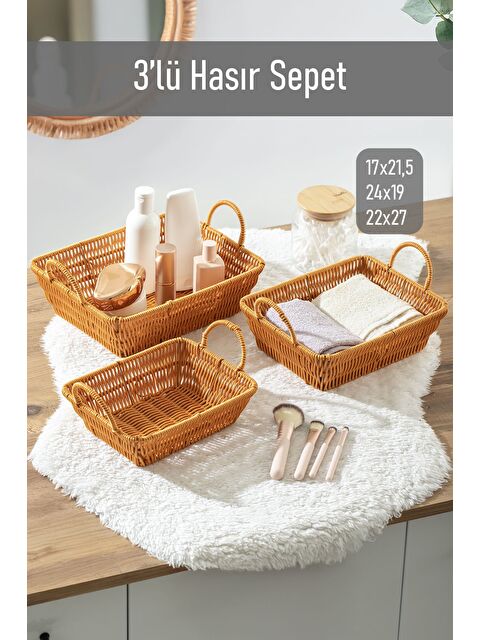 Porsima 301-D Dikdörtgen 3'lü Hasır Sepet Dekoratif Ev Düzenleyici Hasır Sepet Seti Banyo Düzenleyici Sepet - S000347798-19413