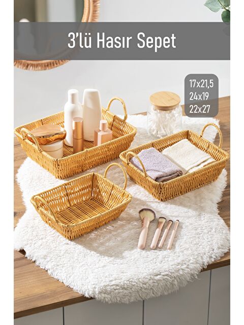 Porsima 301-C Dikdörtgen 3'lü Hasır Sepet Dekoratif Ev Düzenleyici Hasır Sepet Seti Banyo Düzenleyici Sepet - S000347819-19413