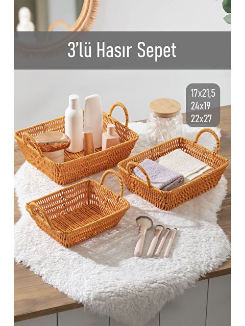 Porsima 301-A Dikdörtgen 3'lü Hasır Sepet Dekoratif Ev Düzenleyici Hasır Sepet Düzenleyici Sepet - S000347792-19413