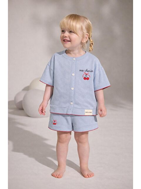Katia And Bony Kız Çocuk Mediterranean Kiraz Nakışlı Düğmeli Şortlu Pijama Takımı Mavi - S000506121-17234