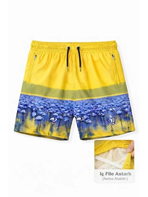 Jane's Erkek Deniz Şortu Fermuarlı Cepli File Astarlı Hızlı Kuruyan Premium - Sarı