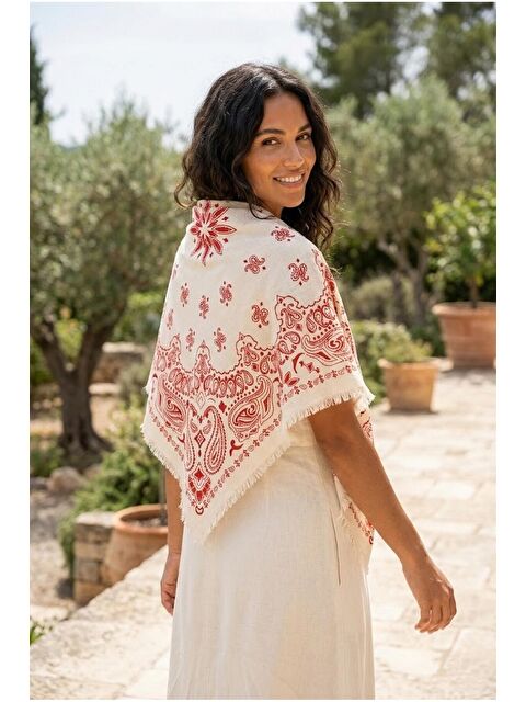 Luminos Butik Kadın Mercan Etnik Desenli Bohem Üçgen Şal Bandana 110x110 cm SAL1400 - S000516131-19963